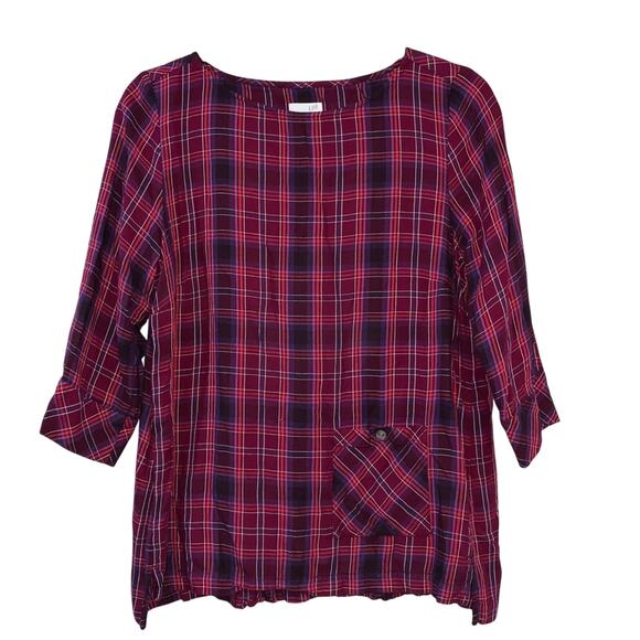 J. Jill Plaid Top Petite Medium Red Blue PurpleTunic 3/4 Sleeve Pocket - Picture 2 of 5